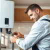 Performing raleigh water heater installation with precision in a modern kitchen setting.