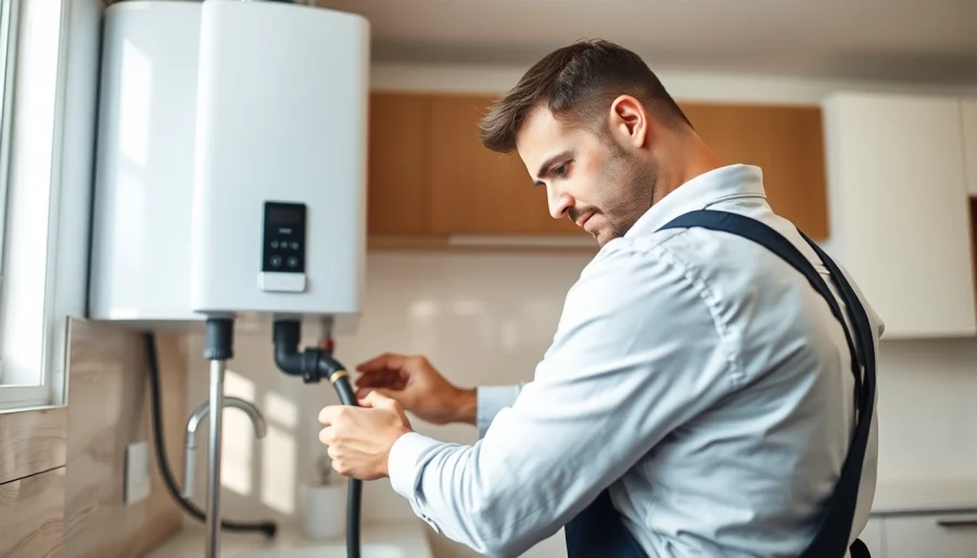 Performing raleigh water heater installation with precision in a modern kitchen setting.