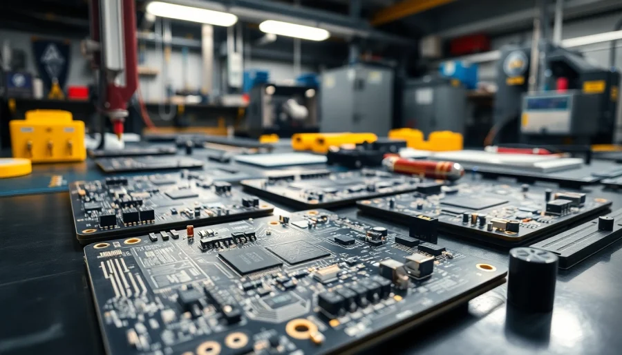 Showcasing custom circuit boards with intricate designs in a professional manufacturing environment.