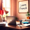 Apprenez le français dans un bureau cosy avec des livres et des notes inspirantes.