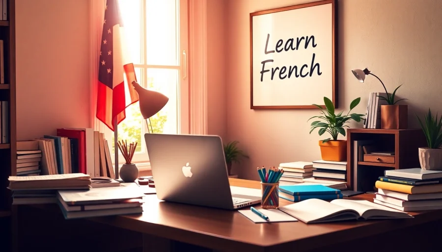 Apprenez le français dans un bureau cosy avec des livres et des notes inspirantes.