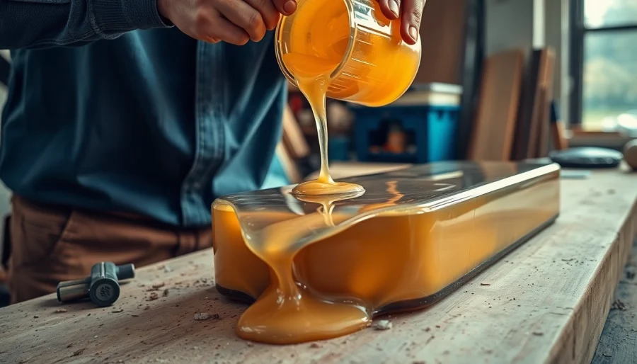 Pouring laminating resin into a mold, showcasing its glossy texture and professional craftsmanship.