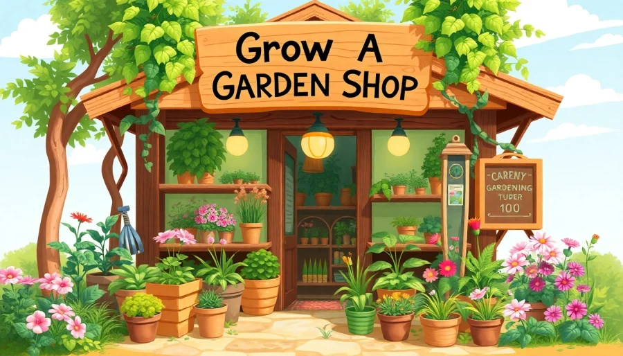 Grow A Garden Shop with vibrant plants and garden tools in a sunny outdoor setting.