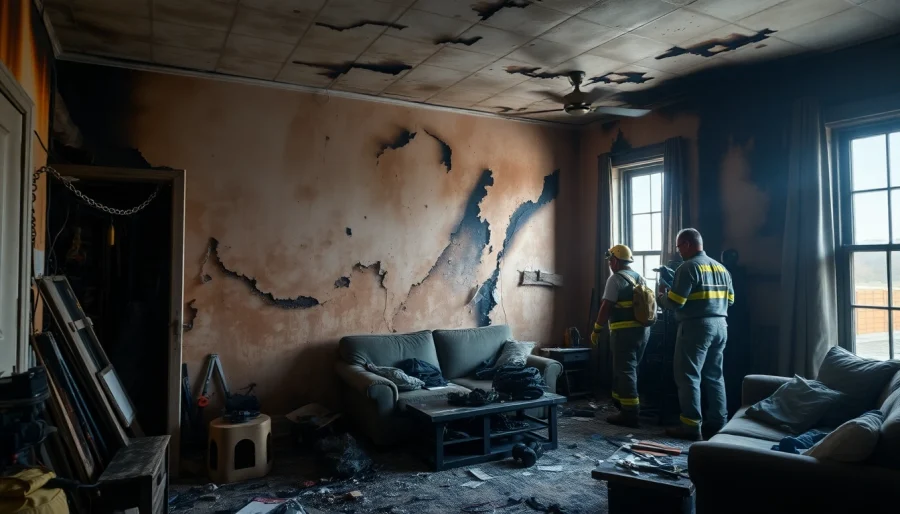 Evaluate fire damage restoration processes with professionals in a devastated home.