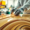 Laying laminating resin with fiberglass cloth in a professional workshop setup.