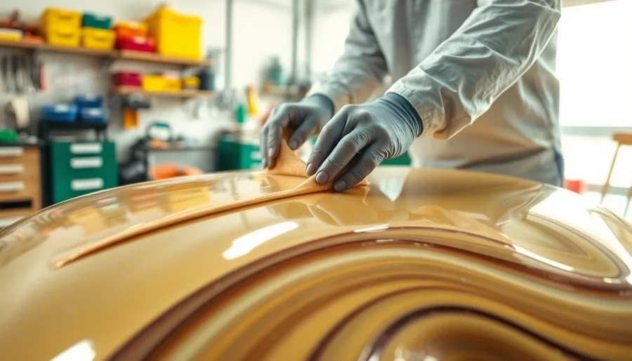Laying laminating resin with fiberglass cloth in a professional workshop setup.