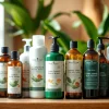 Showcase of natural hair products in a minimalist salon, emphasizing organic beauty.