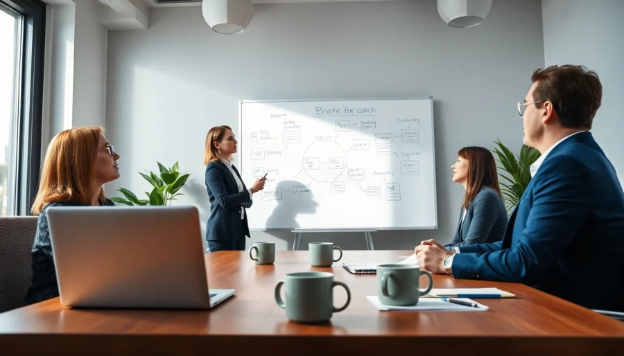Business coach near me guiding a client in an engaging office setting.