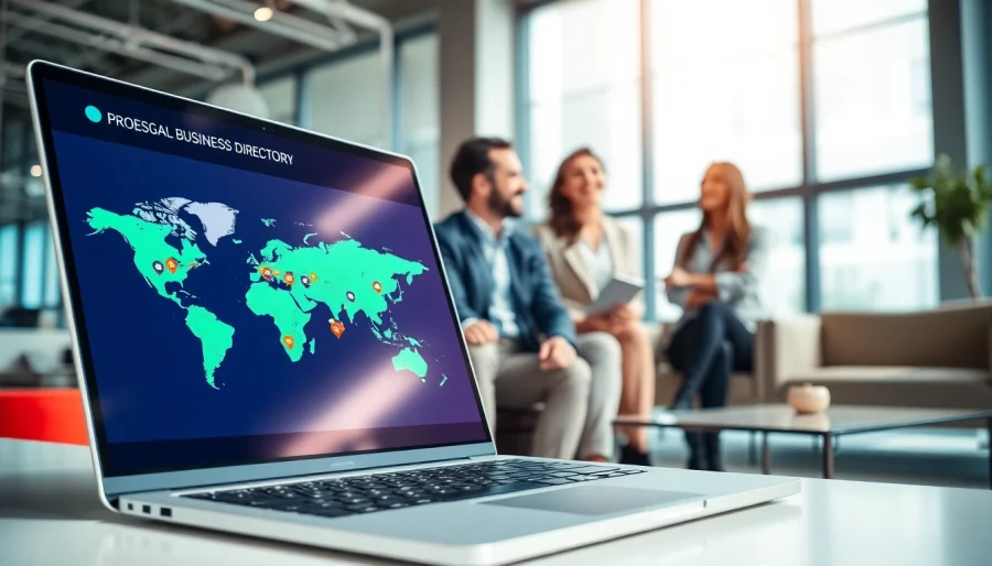 Engaging global business directory interface on a laptop, showcasing international connectivity.