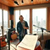 Engaging music pitching moment with an artist in a bright studio, showcasing creativity and ambition.
