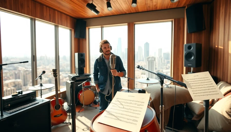 Engaging music pitching moment with an artist in a bright studio, showcasing creativity and ambition.