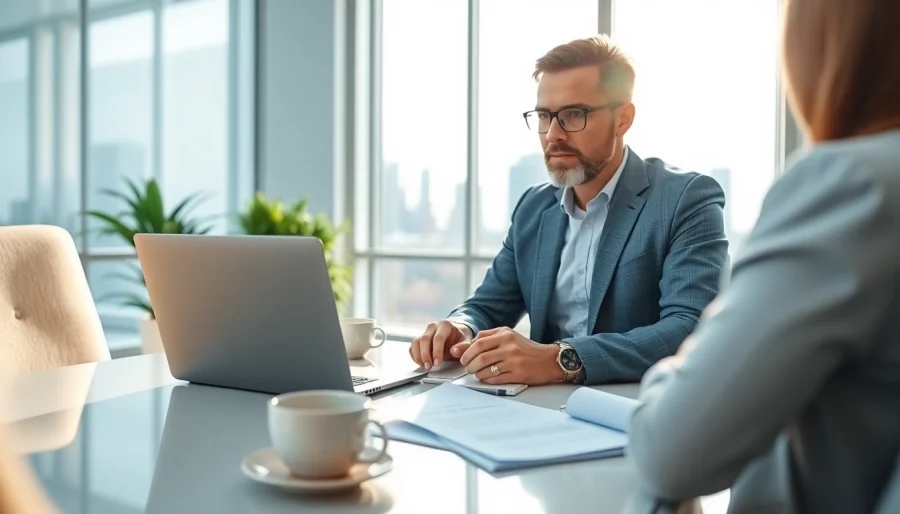 Engaging professional providing Insurance Claims Help in a bright office with documents and a laptop.