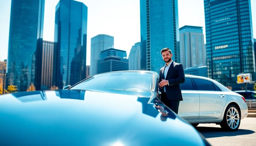 Experience premium Vancouver to Seattle Car Service in a luxurious limousine against Seattle's skyline.