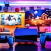 Experience PS5 games with a modern gaming console and vibrant setup, showcasing excitement.