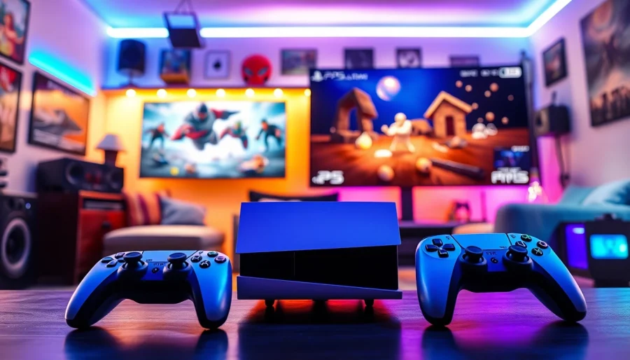 Experience PS5 games with a modern gaming console and vibrant setup, showcasing excitement.