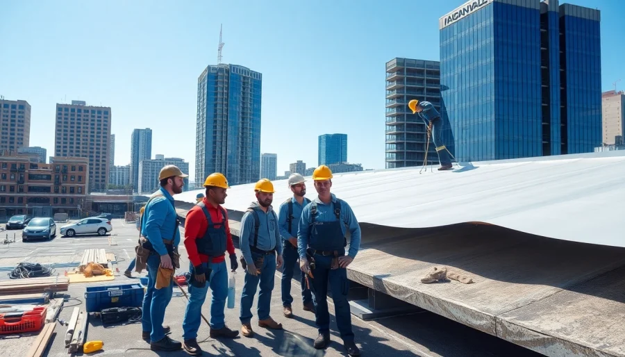 Contractor demonstrating commercial roof waterproofing installation with a team, ensuring building protection.
