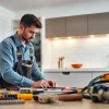 Electrician conducting an Electrical Panel Upgrade in a modern kitchen, highlighting safe installation practices.