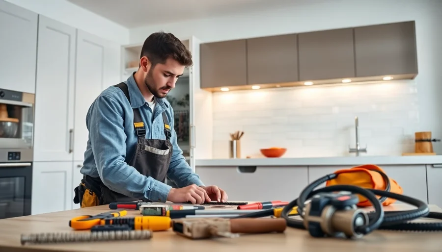 Electrician conducting an Electrical Panel Upgrade in a modern kitchen, highlighting safe installation practices.