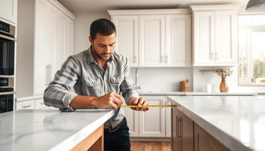 Home remodel contractor expertly measuring kitchen countertops for a renovation project.
