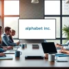 Illustration depicting a team discussing the alphabet inc mission statement in a modern office setting.
