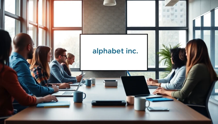 Illustration depicting a team discussing the alphabet inc mission statement in a modern office setting.