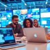 Showcase of an AI content marketing platform with professionals collaborating in a modern office.