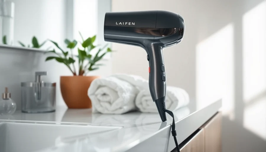 Enhance your styling routine with the Laifen hair dryer showcased in a modern setting.