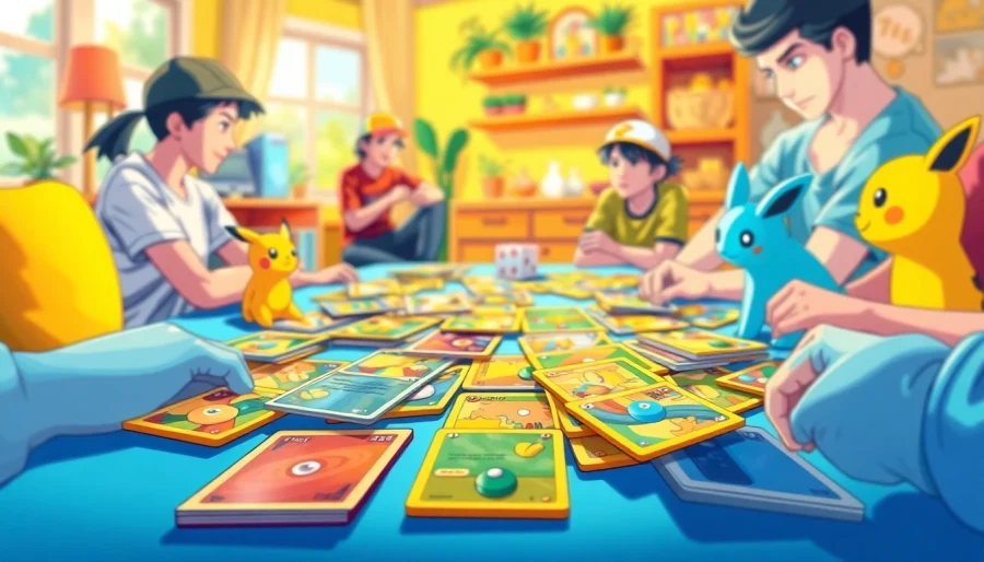 Trading Pokemon tcg india cards in a vibrant indoor setting with collectors engaged.
