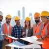 Showcasing professionals discussing projects, highlighting careers in construction and teamwork.