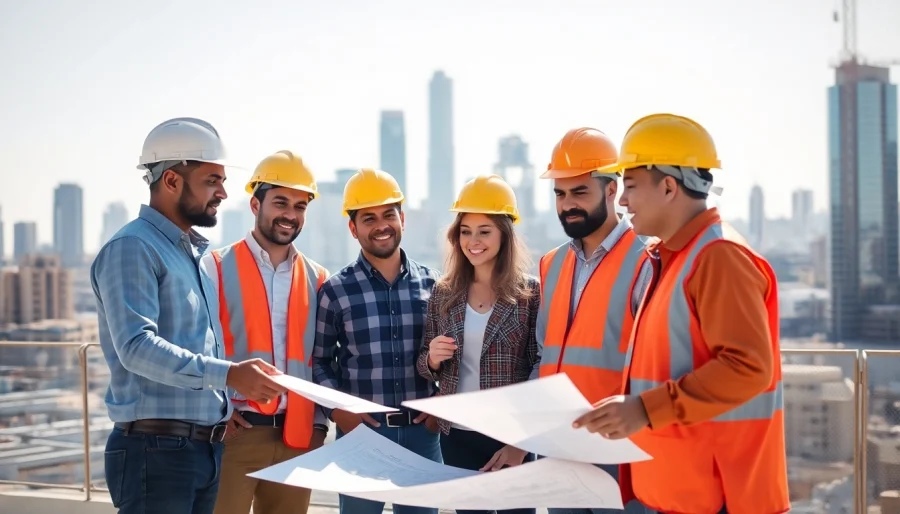 Showcasing professionals discussing projects, highlighting careers in construction and teamwork.