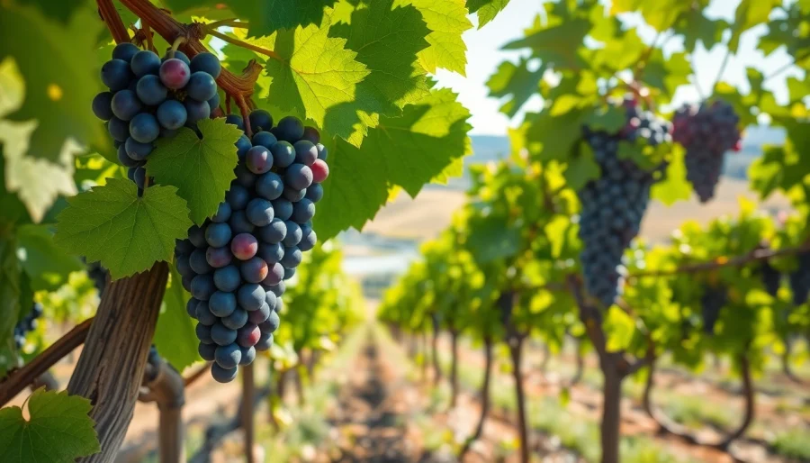Vibrant vineyard in Clarksburg, CA, showcasing ripe grapes and scenic river views.