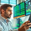 Analyze AI stock picker trends with an expert in a modern office filled with analytics.