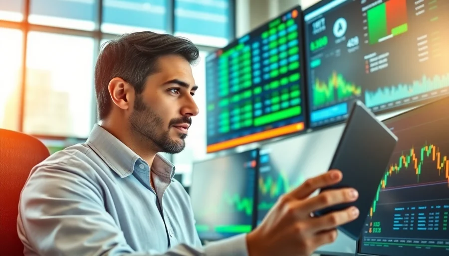 Analyze AI stock picker trends with an expert in a modern office filled with analytics.
