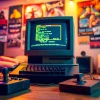Engage in play dos games with a nostalgic retro gaming setup showcasing a classic DOS computer.