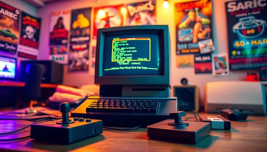 Engage in play dos games with a nostalgic retro gaming setup showcasing a classic DOS computer.
