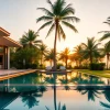 Showcasing villa sales, featuring luxurious villas in a tropical setting with serene pools.