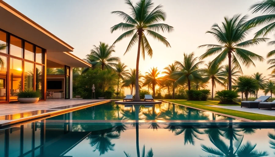 Showcasing villa sales, featuring luxurious villas in a tropical setting with serene pools.