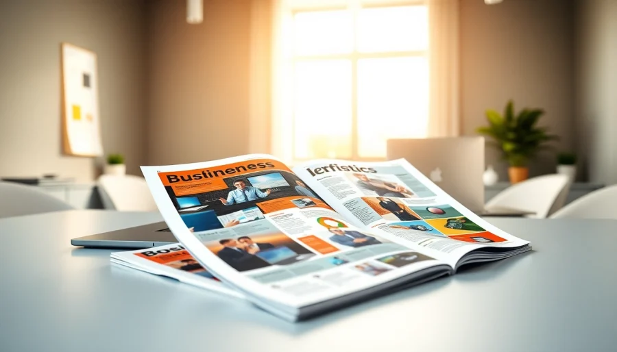 Engaging layout of Reverbtime Magazine showcasing business and technology insights on a modern desk.