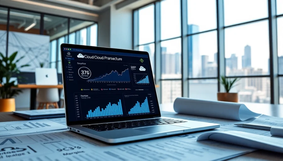 Showcase cloud infrastructure and DevOps services in a modern office with analytics and design elements.
