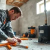 Sump pump installation technician working in a bright basement environment.