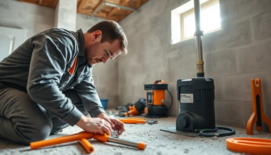 Sump pump installation technician working in a bright basement environment.