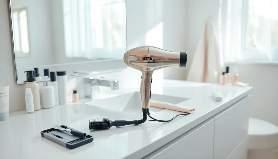 Stylish hair dryer showcased on a modern vanity in a bright bathroom environment.