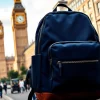 Showcasing the London Backpack brand amid iconic London scenery, highlighting its stylish design.