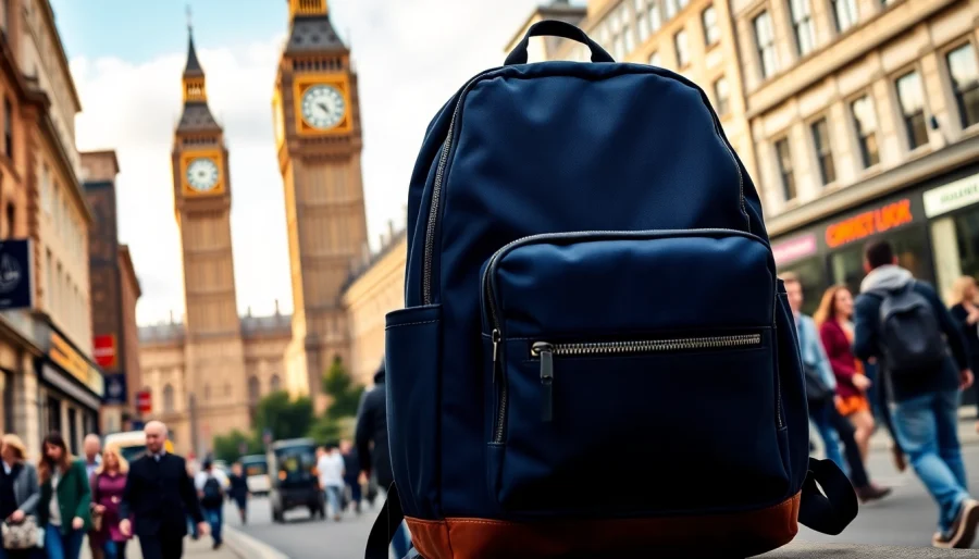 Showcasing the London Backpack brand amid iconic London scenery, highlighting its stylish design.