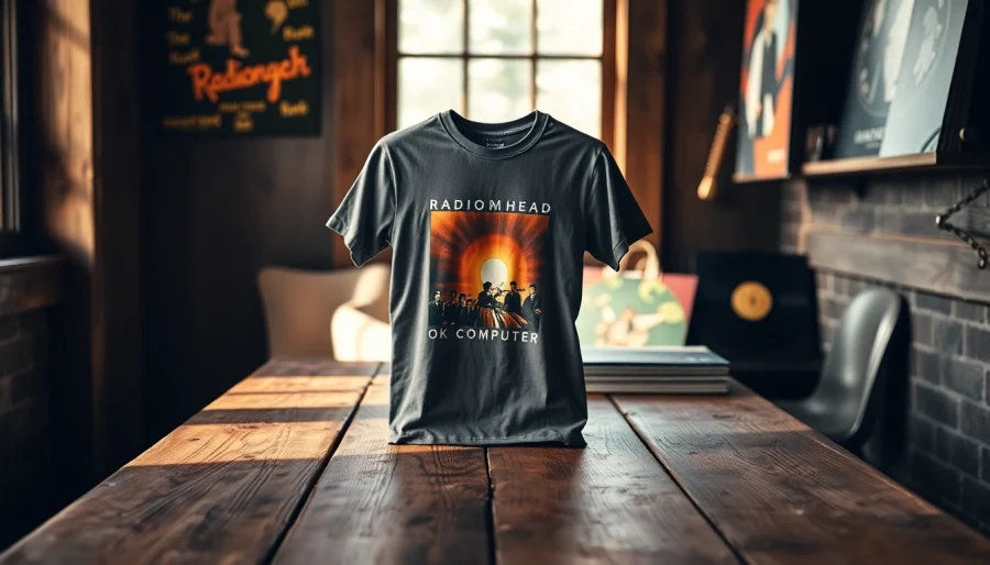 Showcase of a Radiohead shirt featuring iconic "OK Computer" album art, emphasizing style and quality.