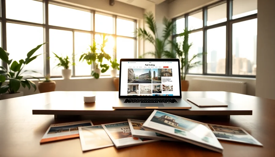 A snapshot of a modern real estate blog workspace showcasing a computer with real estate blog content.
