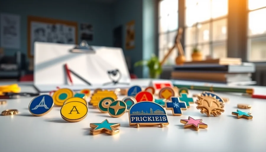 Showcase of custom pins highlighting their vibrant designs and craftsmanship in a professional setting.