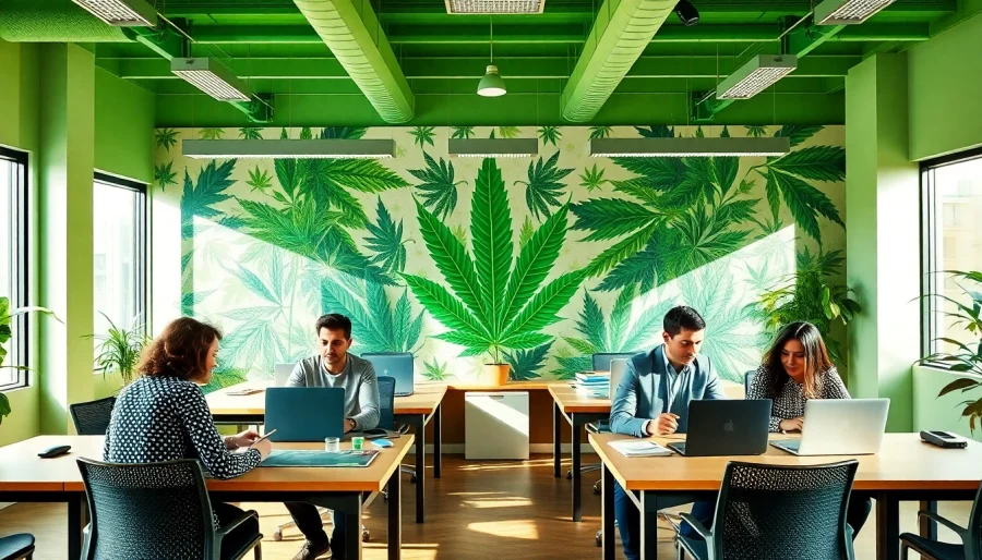 Engage with a cannabis marketing agency in a vibrant creative workspace showcasing teamwork.