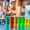 Showcase of infusion resins highlighting low-viscosity characteristics and vibrant colors in a laboratory.