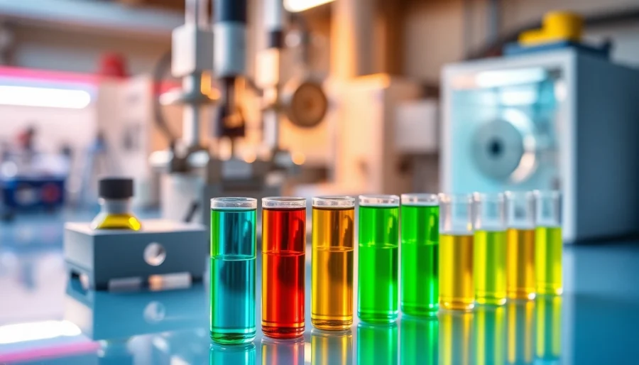 Showcase of infusion resins highlighting low-viscosity characteristics and vibrant colors in a laboratory.